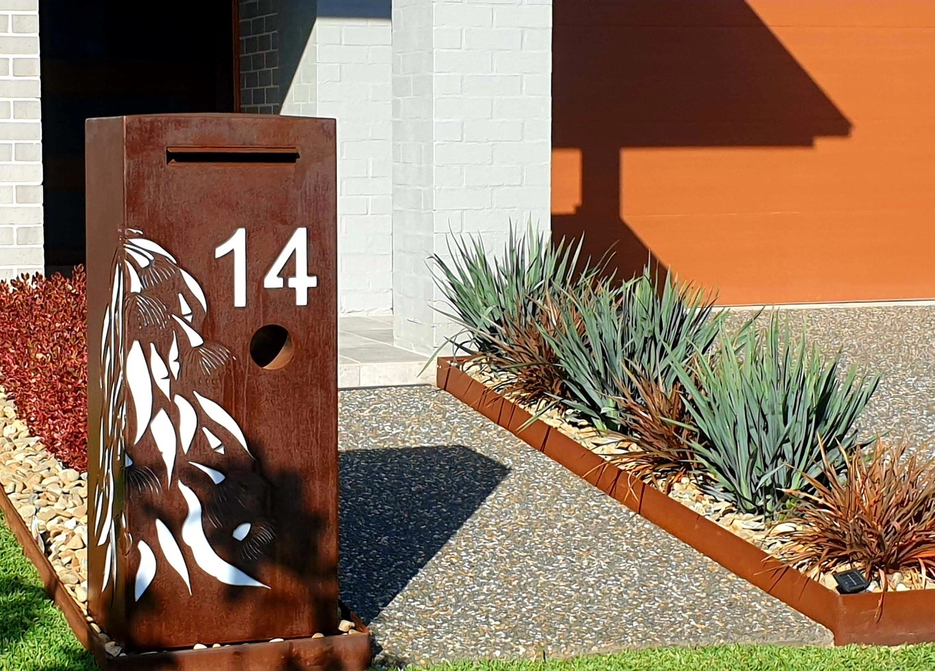 AHL corten steel mailbox post with numbers and pattern